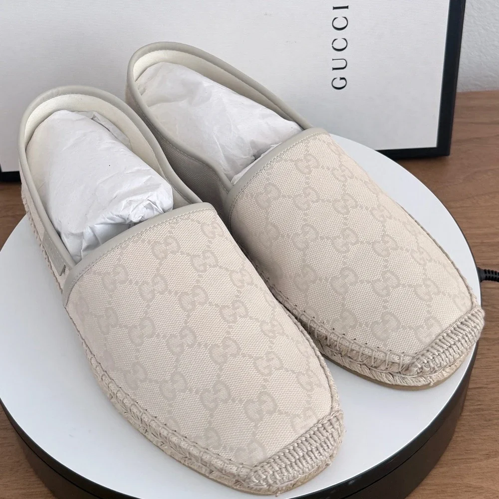 Gucci Mens GG Monogram Canvas Espadrilles White Beige 466903 US 8